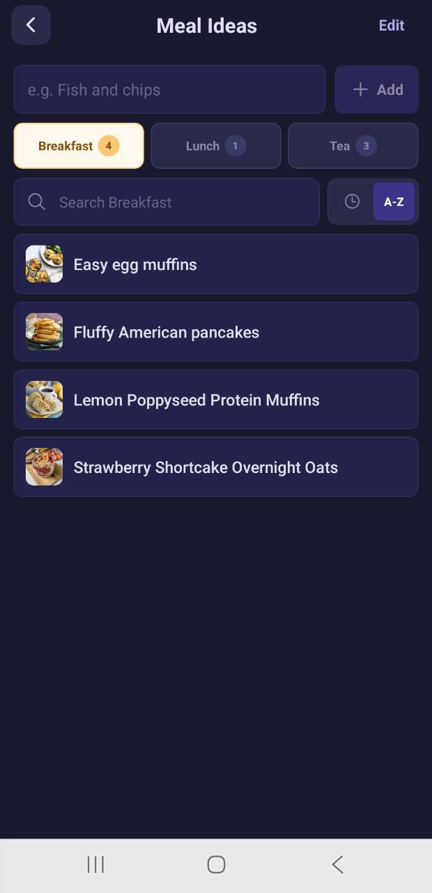 Meal ideas organised by breakfast, lunch and tea
