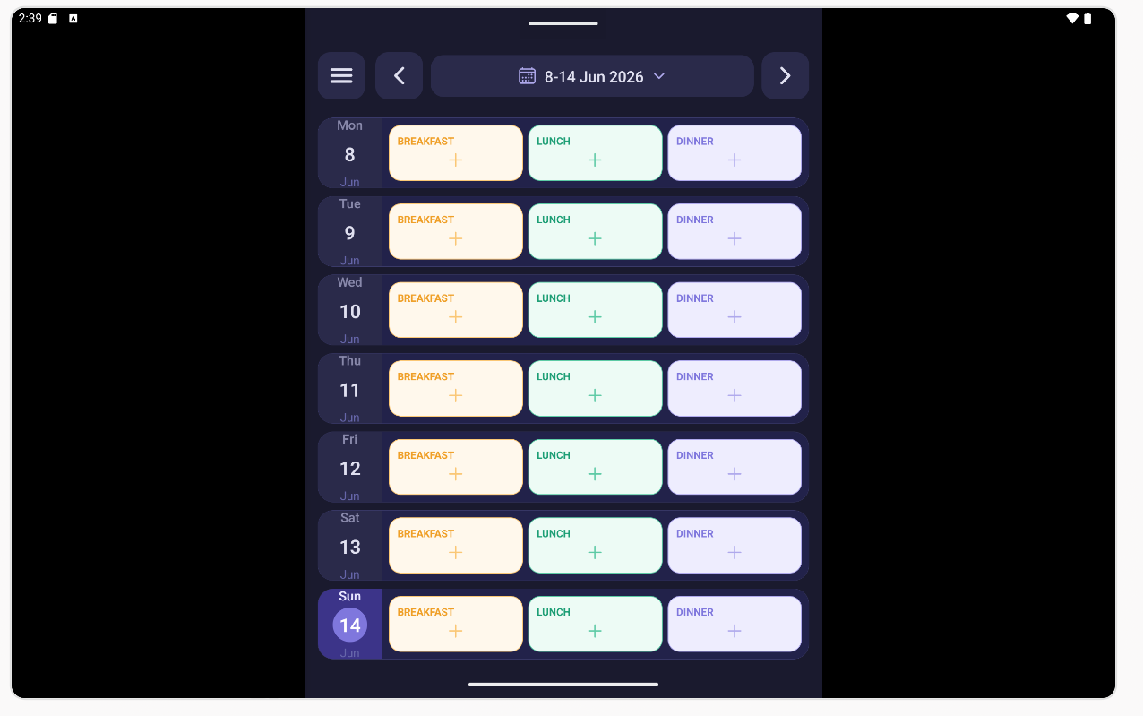 Meal Planner weekly planner shown on a tablet layout