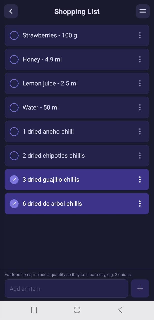 Meal Planner shopping list with checked items