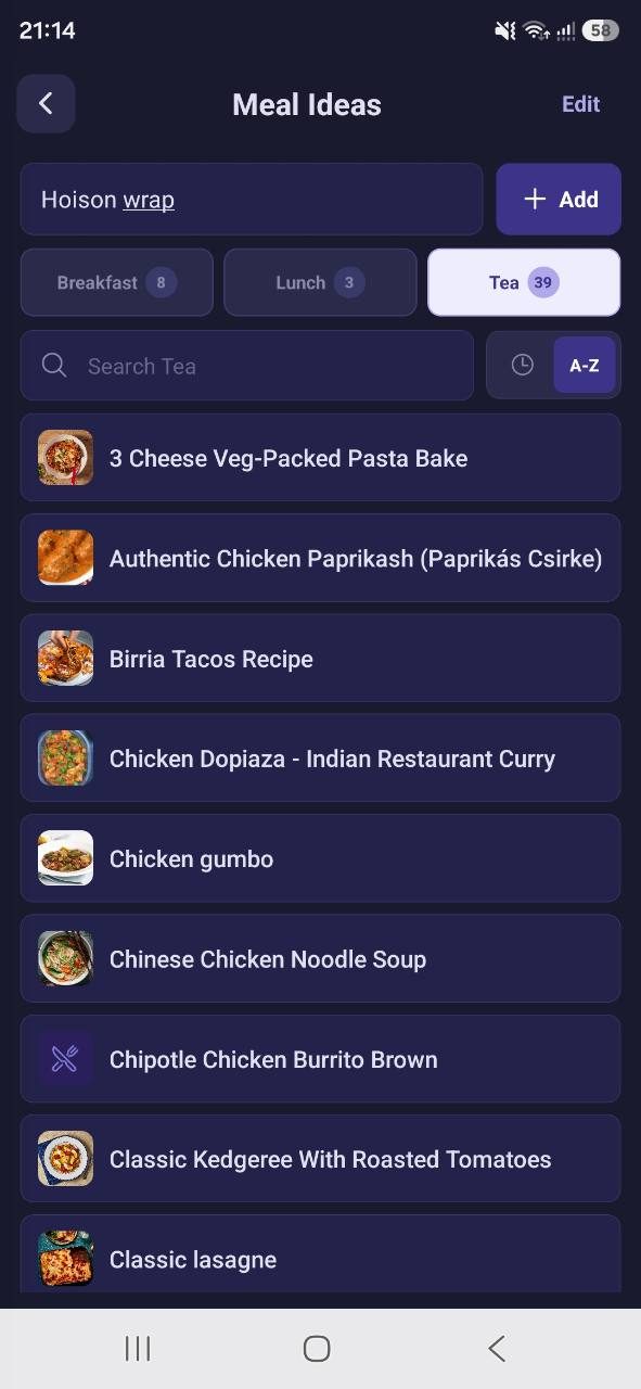 Meal Planner meal ideas screen showing an organised recipe collection
