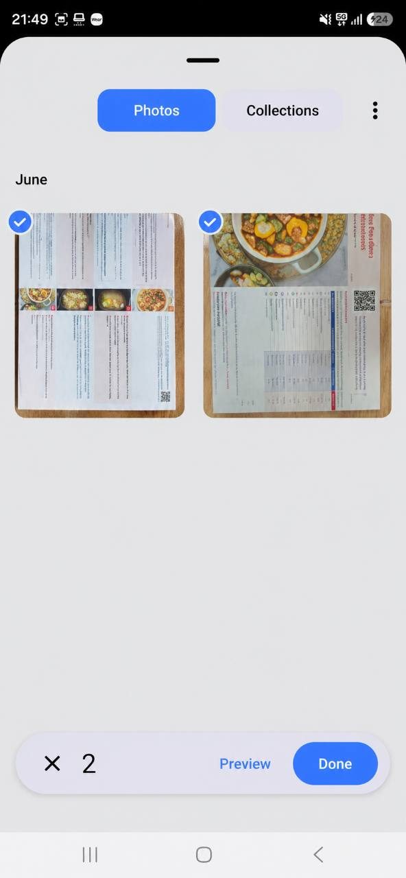 Android photo picker with two cookbook recipe pages selected
