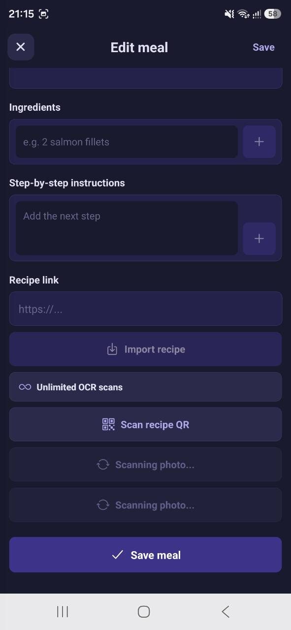 Meal Planner edit recipe screen showing photo scanning in progress