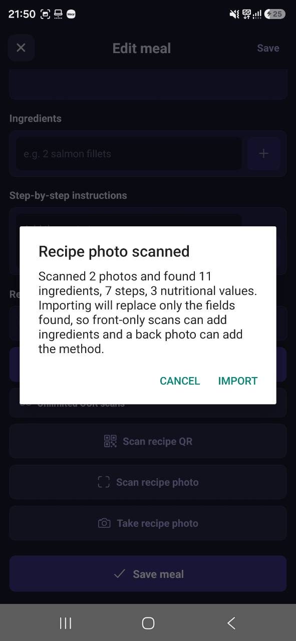 Meal Planner scan complete dialog showing found ingredients, steps and nutrition values