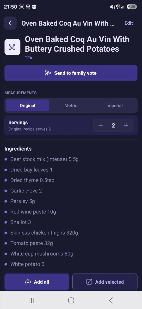 Meal Planner imported recipe showing ingredients, servings and measurement controls