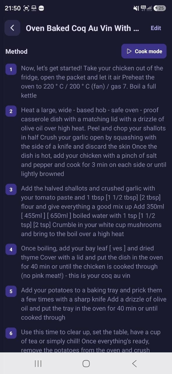 Meal Planner imported cooking method with step-by-step recipe instructions