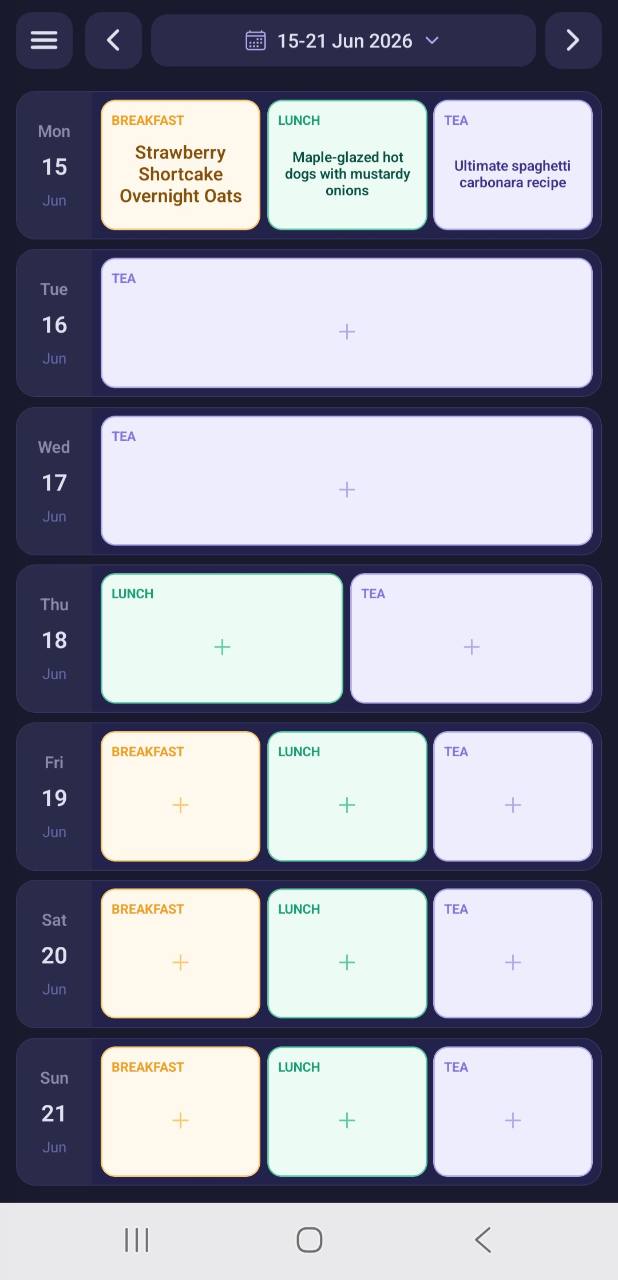 Weekly Meal Planner screen with meals placed into dates
